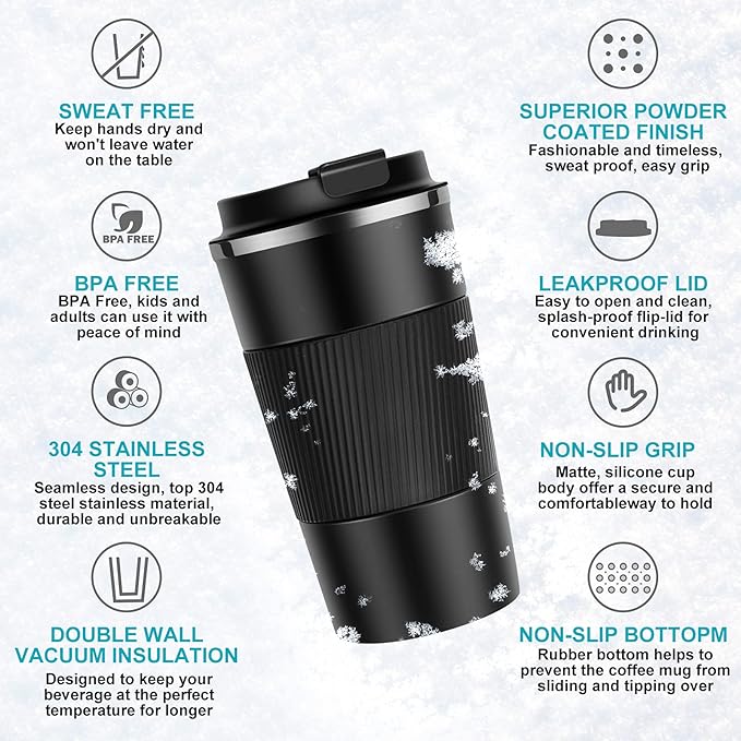 12oz Travel Coffee Cups Insulated Tumbler Thermal Mug to Go with Lid Leak Proof Reusable Stainless Steel Coffee Mug Spill Proof for Hot and Iced Cold Drinks (Black, 380ml)