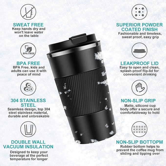 17oz Travel Coffee Cups Insulated Mug Thermal Tumbler to Go with Lid Leak Proof Reusable Stainless Steel Coffee Mug Spill Proof for Hot and Iced Cold Drinks (Black, 510ml)