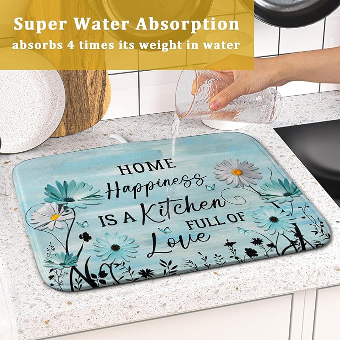 Blue Daisy Dish Drying Mat 16x18 Inch Love Kitchen Absorbent Microfiber Washable Fast Drying Pad Dishes Rack Mat for Kitchen Counter