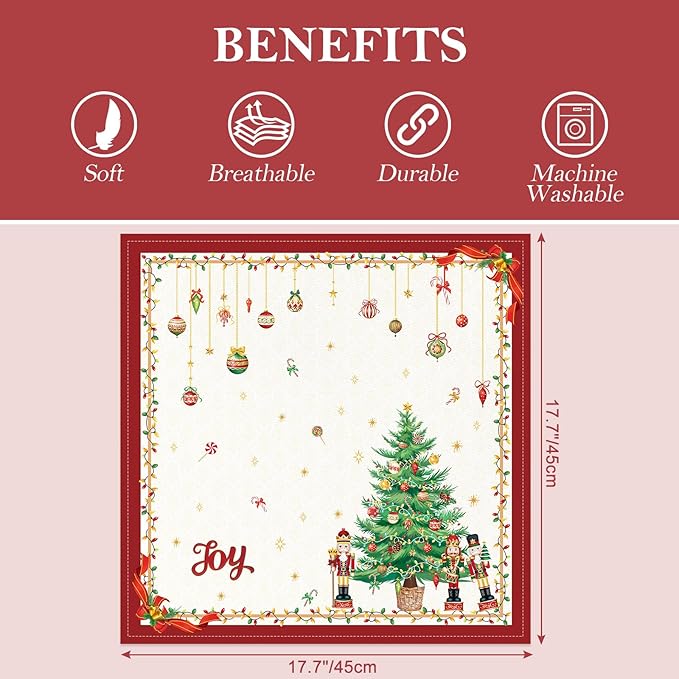 Christmas Pine Tree Napkins, 18×18 Inch Embroidered Cotton Napkins Set of 4, Washable Cotton Soft Absorbent Square Table Top Decoration for Dining Kitchen Party Wedding