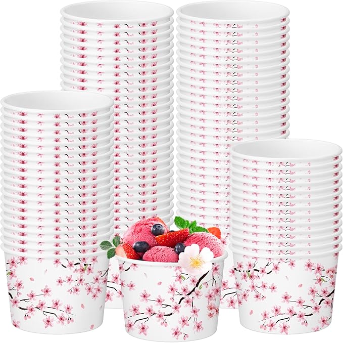 50 Pack Cherry Blossom Ice Cream Cups 9 oz Cherry Blossom Disposable Dessert Bowls Pink Floral Paper Soup Bowl Sakura Snack Cup Wedding Baby Shower Birthday Party Supplies for Hot Cold Food