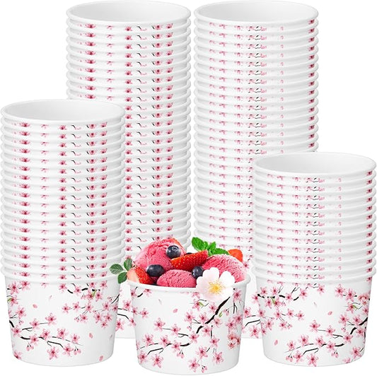 50 Pack Cherry Blossom Ice Cream Cups 9 oz Cherry Blossom Disposable Dessert Bowls Pink Floral Paper Soup Bowl Sakura Snack Cup Wedding Baby Shower Birthday Party Supplies for Hot Cold Food