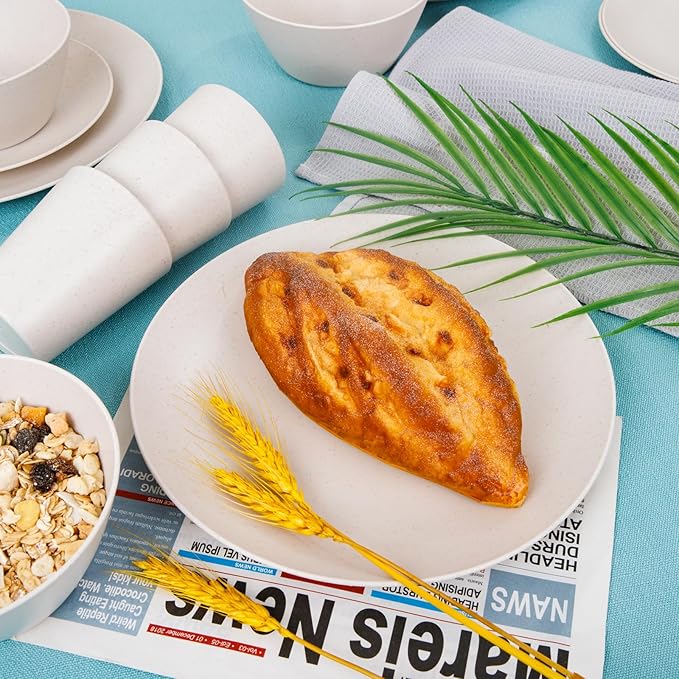 Supernal 32pcs Wheat Straw Dinnerware Sets Cream Color,Plates and Bowls Sets,Beige Plastic Dinnerware Sets, Dish Set for 8 with 25pcs Gold Napkins, Dishwasher Safe Plates