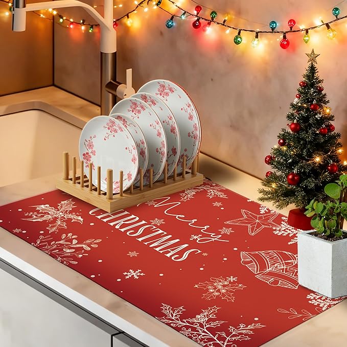 Red Merry Christmas Dish Drying Mat, Winter Snowflake Holly Leaf Coffee Bar Mat for Countertops, Holiday Christmas Absorbent Dish Drying Mats for Kitchen Counter Coffee Maker, 16x24 Inch
