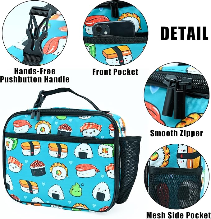 Sushi Lunch Box Insulated Reusable Lunch Bag Tote Cooler for Women Men Boy Girl School Work Office Picnic