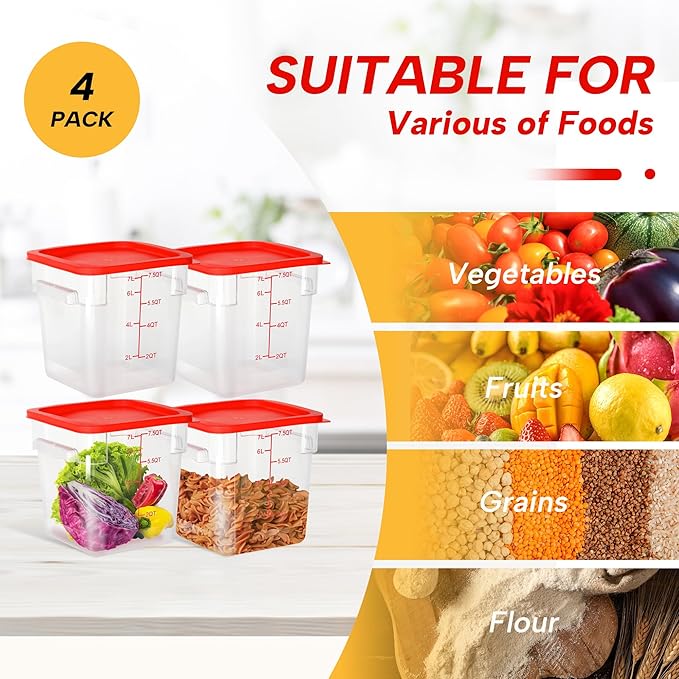 4 Pack Food Storage Containers, 8 Quart with Lids, Square Commercial Containers with Scale, Clear NSF Food Organizing, Polycarbonate