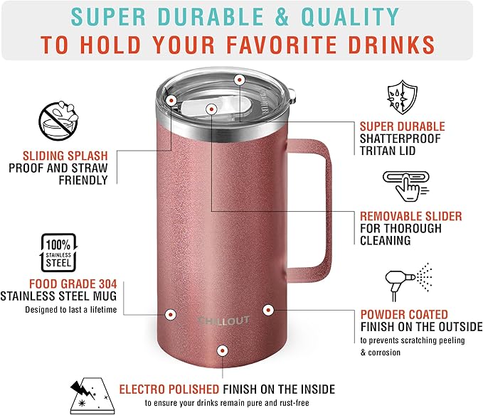 CHILLOUT LIFE Stainless Steel 20 oz Vacuum Insulated Coffee Mug with Handle and Lid, Large Thermal Camping Coffee Mug Cup with Durable Sliding Lid for Men & Women, Keeps your Beverages Hot/Cold