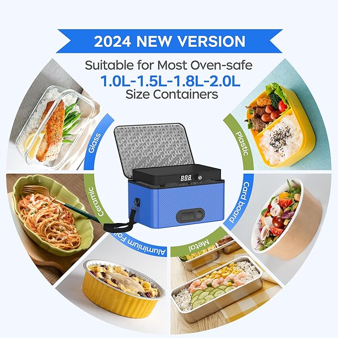 Portable Oven, 12V 24V 110V-240V Car Food Warmer Portable Personal Mini Oven Electric Heated Lunch Box for Meals Reheating & Raw Food Cooking for Road Trip/Camping/Picnic/Family Gathering(Blue)