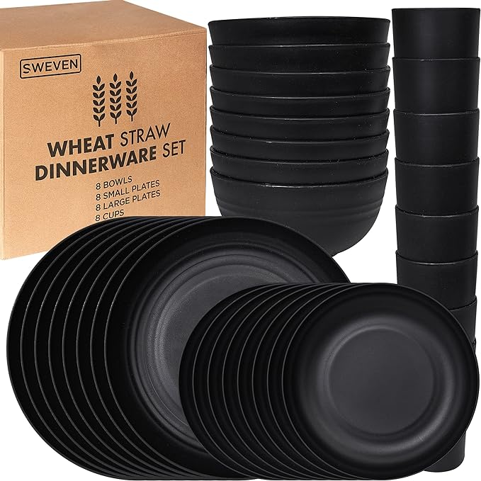 Wheat Straw Dinnerware Sets | Unbreakable Dinnerware Sets | Dishwasher Microwave Safe Dinnerware | Eco Friendly Non Breakable Dinnerware Sets | RV Outdoor Camping (Black, Service for 8 (32 pcs))