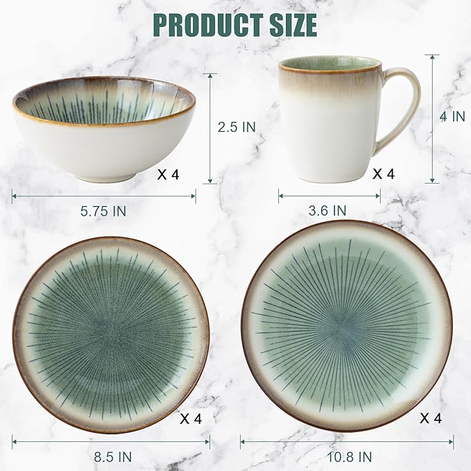 Dinnerware Set Green Stoneware 16 Pieces Service for 4, Stoneware Plates and Bowls Set Highly Chip Dishwasher Microwave Safe Dishes set