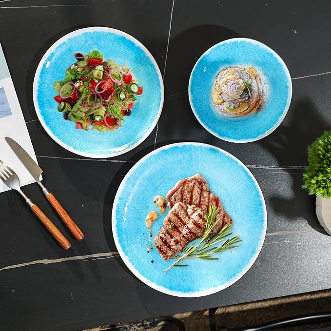 Melamine Dinnerware Sets 12 Pcs, Melamine Plates and Bowls,Party Plates and Bowls Sets, Camping Dishes Set for 4, Unbreakable, BPA Free, Dishwasher Safe (Lake blue)