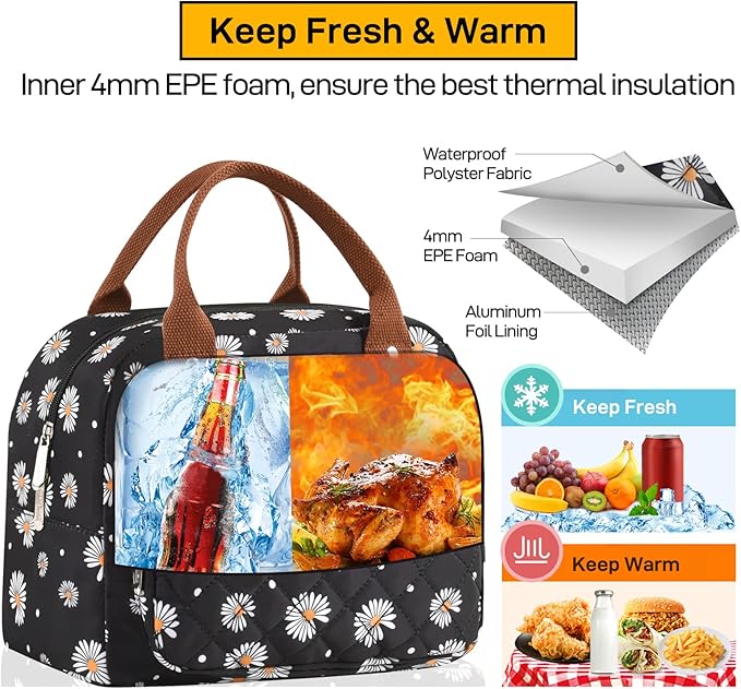 Buringer HOMESPON Lunch Bag for Woman Man Adults with Front Pocket Insulated Lunch Tote Lunch Box Container for Work Picnic or Travel（Daisy）