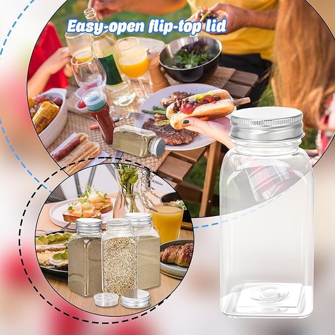 20 Pack 6 oz Plastic Spice Jars with Metal Lids Reusable Salt Pepper Shaker with Lids Clear Empty Square Spice Containers Seasoning Bottles for Kitchen Storage