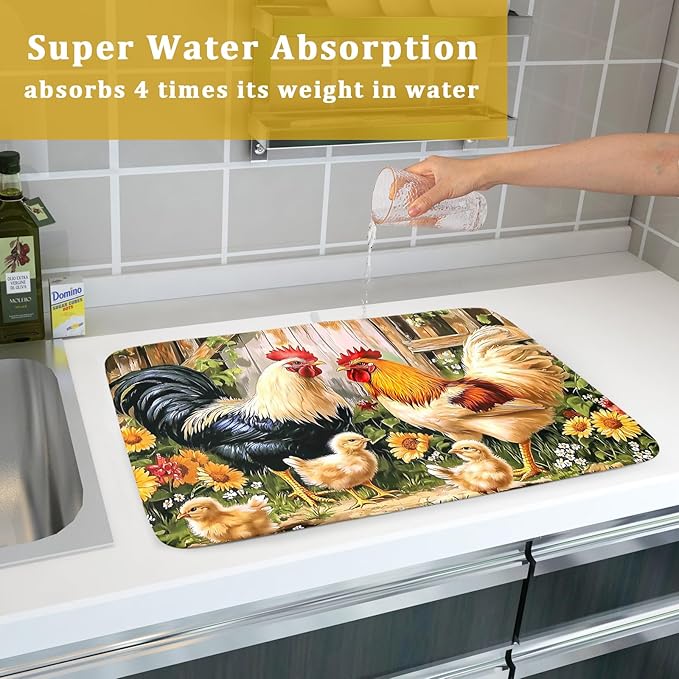 Rooster Dish Drying Mat 18x24 Inch, Rustic Country Farm Chickens Wooden Fence Absorbent Microfiber Non-Slip Counter Rack Sink Drainer Pad for Kitchen Countertop Table Decor