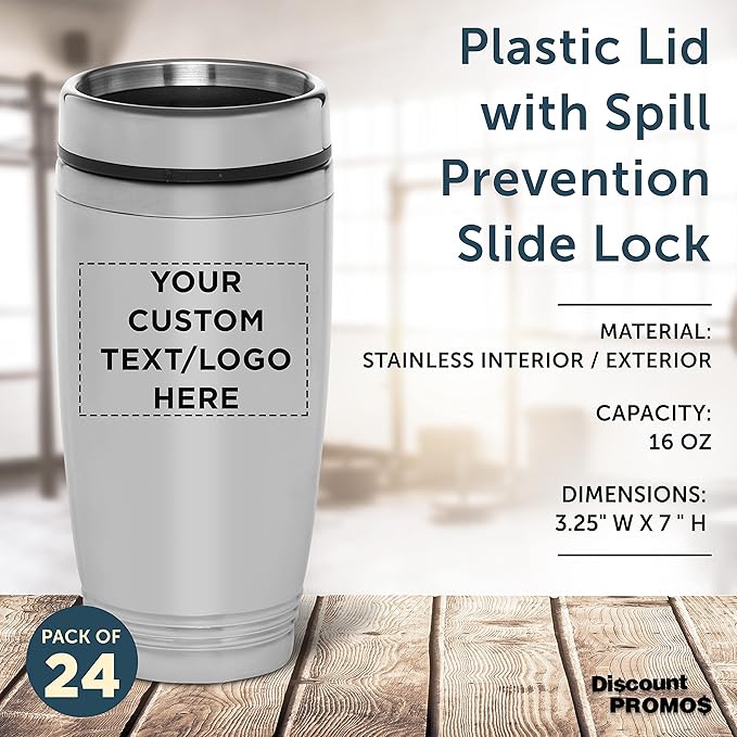 DISCOUNT PROMOS Custom Stainless Steel Tumblers 16 oz. Set of 24, Personalized Bulk Pack - Perfect for Coffee, Soda, Other Hot & Cold Beverages - Silver