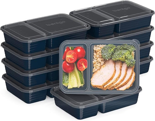 Bentgo Prep - 20-Piece 2-Compartment Reusable Meal Prep Containers with Lids, PFAS & BPA Free Materials, Durable, Microwave, Freezer, & Dishwasher Safe To Go Food Storage (Navy Blue)