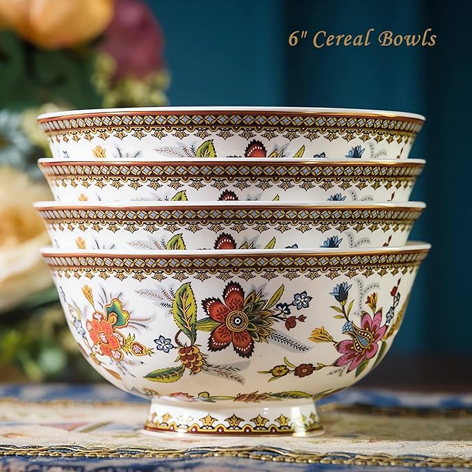 ACMLIFE Bone China Dinnerware Set for 4, 12-Piece Vintage Floral Dinnerware Set, Kitchen Plates and Bowls Set, Christmas Gifts for Women (Pink)