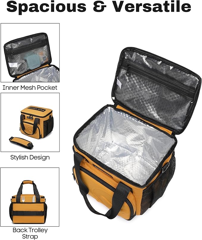 SUNNY BIRD 12L Large Insulated Lunch Bag, Leakproof and Foldable Lunch Cooler Box for Women Adult and Men, Fits 18 Cans (Ochre 01)
