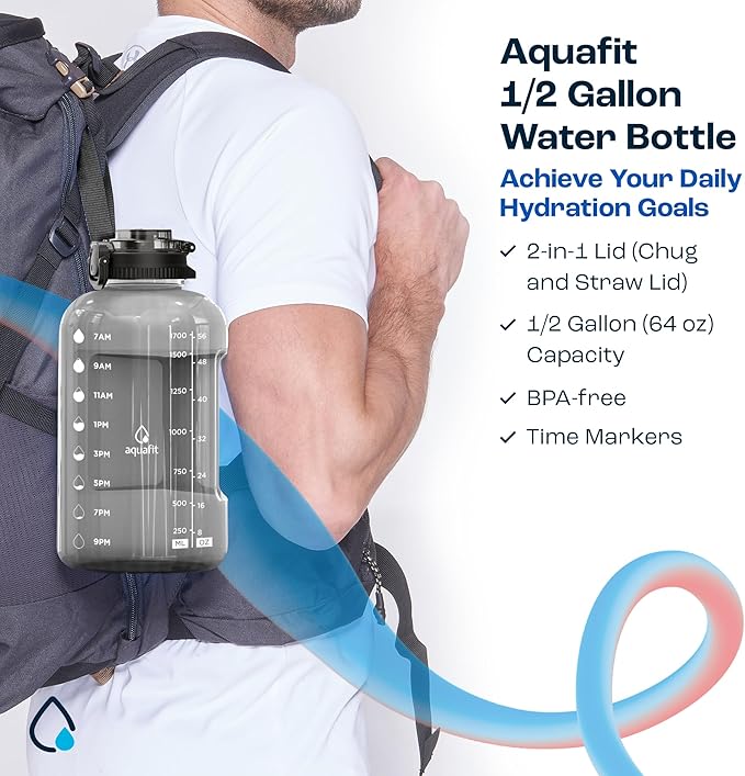 AQUAFIT Half Gallon Water Bottle with Time Marker - Straw & Chug Lid - BPA Free Gym Water Bottle with Straw - Big Gallon Jug (Midnight Gray, 64 oz - 2in1 Lid)