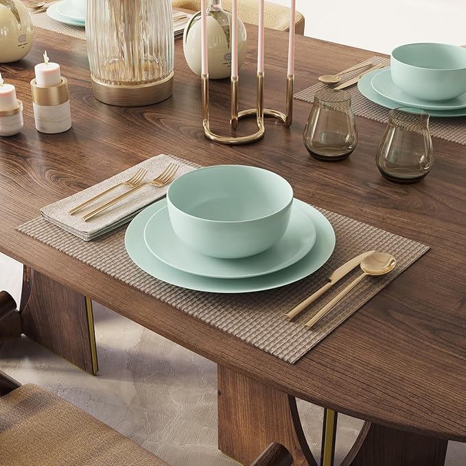 Yoshy 12-Piece Green Bone China Dinnerware with Lightweight Durable Chip Resistant Design Service for 4