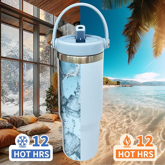 30 oz Tumbler with Top Handle, Double Wall Vacuum Insulated Tumbler with Flip Straw, Travel Coffee Mug 30oz Powder Coated Cup for Laser Engraving (Blue,1 pack)