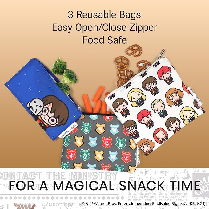 Yoobi Harry Potter X Reusable Snack Bags – 3 Food-Safe Lunch Bags in Various Sizes with Cute Harry Potter Designs – Magical Gift for Kids & Adults