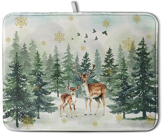 Reindeer Tree Snowflakes Christmas Dish Drying Mats for Kitchen Counter 18x24 Inch Winter Forest Dish Drainer Mats Absorbent Reversible Dish Draining Microfiber Dishes Drying Pad
