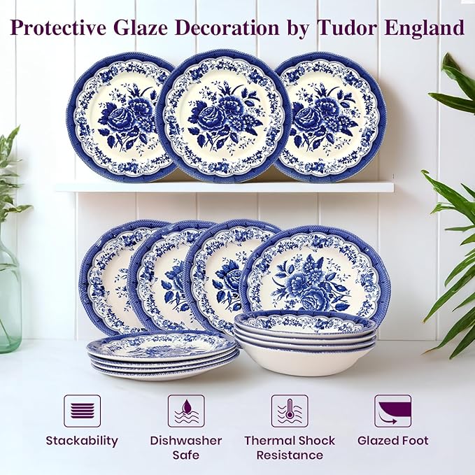 Tudor Royal 12-Piece Porcelain Round Dinnerware Set, Service for 4, Victoria Blue Design, Blue Floral, Plates Bowls Dishes, Glossy, Premium Quality Tableware, Unique Pattern