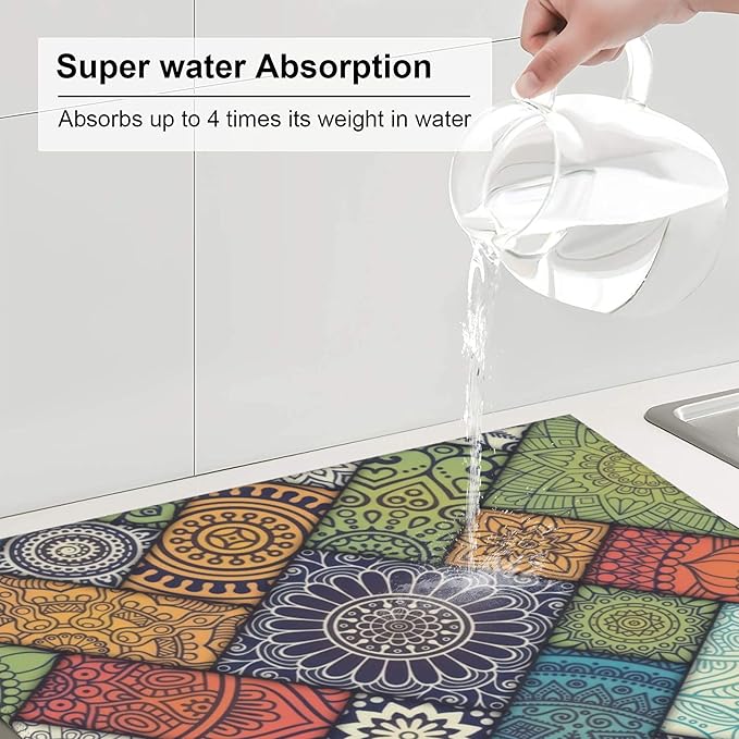 Retro Boho Dish Drying Mat 16x18 Inch, Microfiber Absorbent Fast Dry Mat Mandala Large Dish Mat Drying Kitchen Mat, Kitchen Drying Pad for Kitchen Counter Coffee Bar Decor Gifts