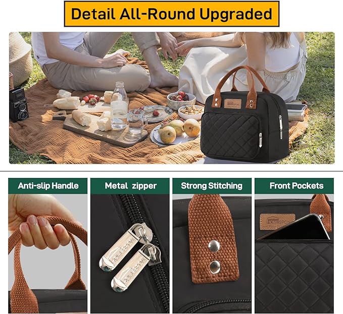 Buringer HOMESPON Lunch Bag for Woman Man Adults with Front Pocket Insulated Lunch Tote Lunch Box Container for Work Picnic or Travel（Black）