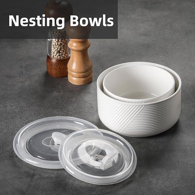 Ceramic Nesting Bowls with Lid: Microwave Safe Food Storage Containers for Work Lunch Picnic Camping Meal Prep Soup Salad Cereal Leftovers - 5 & 6 Inch, 20 & 32 oz, Set of 2, White