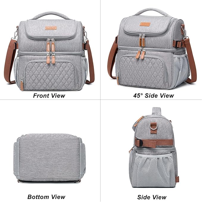 Artelaris Lunch Bag for Men Women, Large Double Deck Lunch Box Tote for Work, Dual Compartment Insulated Leakproof Lunchbox Cooler for Adult with Shoulder Strap & Side Pocket for Picnic Hiking Outdoor