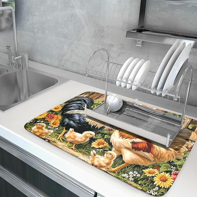 Rooster Dish Drying Mat 18x24 Inch, Rustic Country Farm Chickens Wooden Fence Absorbent Microfiber Non-Slip Counter Rack Sink Drainer Pad for Kitchen Countertop Table Decor