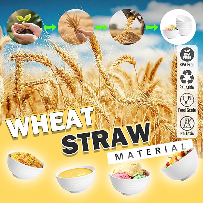 Wheat Straw Small Bowls 10 OZ, Unbreakable Dessert Bowls Set of 6, Microwave & Dishwasher Safe Bowl for Kitchen, Mini Reusable Plastic Bowl for Kitchen, White
