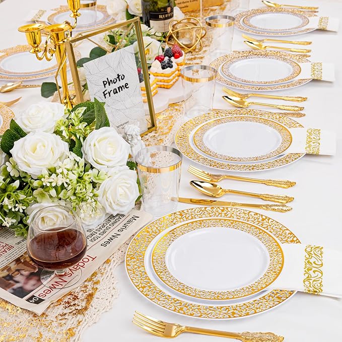 bUCLA 350PCS Gold Plastic Plates Disposable - Gold Plastic Dinnerware Set Include 50 Dinner / 50 Dessert Plates, 50 Forks, 50 Knives, 50 Spoons, 50 Cups, 50 Napkins for Party & Thanksgiving