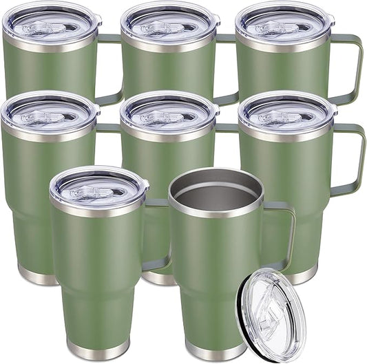 30 oz Tumbler with Handle and Lid, Stainless Steel Tumblers Bulk Double Wall Vacuum Insulated Travel Mug Leak Proof Cup Keep Drinks Cold and Hot Army Green, 8 Pack