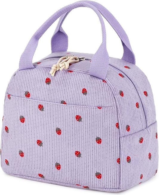 Bluboon Lunch Bag for Women Men Cute Corduroy Lunch Tote Bags Reusable Insulated Lunch Box Large Capacity Reusable Insulated Cooler for Work Picnic or Travel (Corduroy strawberry purple)