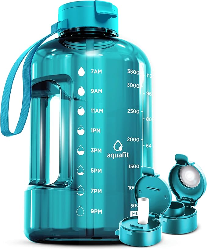 AQUAFIT 1 Gallon Water Bottle with Time Marker - Straw & Chug Lid - BPA Free Gym Water Bottle with Straw - Big Gallon Jug (Aqua, 128 oz - 2 Lids)