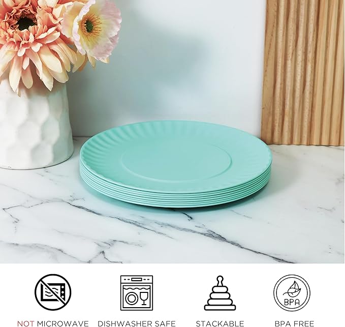 TP Melamine Plates Set of 8, 8-Inch Lightweight Reusable Plates for Picnic, Party, BBQ & Camping, Dishwasher Safe Tableware for Salads, Appetizers & Desserts, Teal