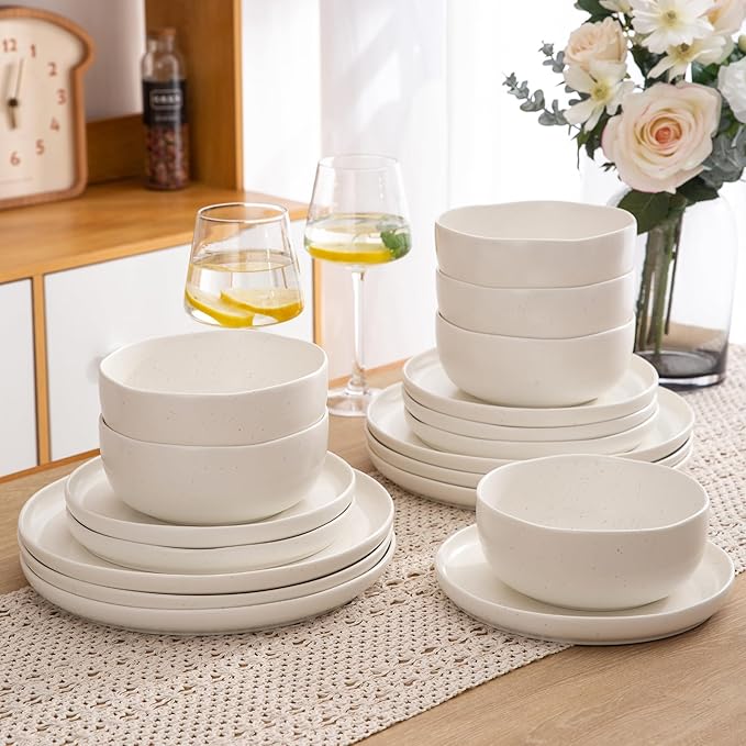 AmorArc Ceramic Dinnerware Sets, Wavy Rim Stoneware Plates and Bowls Sets,Highly Chip and Crack Resistant | Dishwasher & Microwave & Oven Safe Dishes set, Service for 8 (24pc)-Matte Speckled White