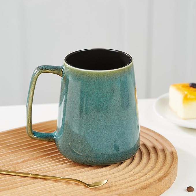 24 OZ Extra Large Ceramic Coffee Mug, with Spoon and Wooden Lid, Big Tea Cups with a Large Handle for Office and Home, Microwave and Dishwasher Safe (24 oz Green Set)