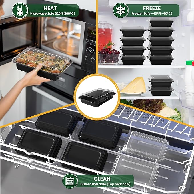 32oz Meal Prep Containers [50-Pack], Reusable Bento Box with Easy-Snap Leakproof Lids - Microwave, Dishwasher & Freezer Safe Food Storage, BPA-Free Plastic Lunch Containers (Black)