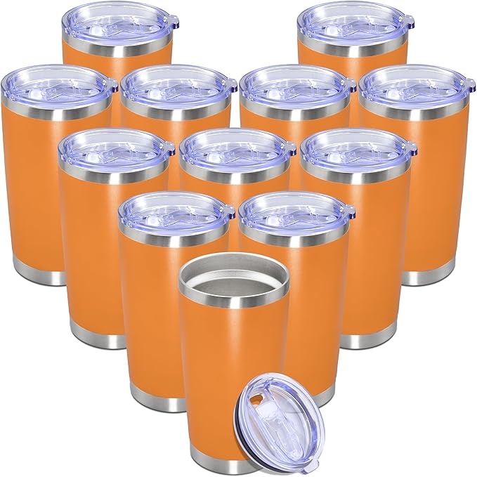 20 oz Tumbler with lid Double Wall Vacuum Insulated Tumblers Stainless Steel Coffee Mug Travel Coffee Tumbler Powder Coated Tumbler Cup Keep Hot&Cold - (Orange 12 Pack)