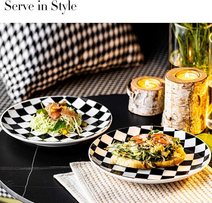 Ceramic Dinner Plates Set of 6-8 Inch Checkered Salad Plates, Microwave, Oven & Dishwasher Safe, Modern Minimalist Dessert Plates Geometric Black and White Plates for 6