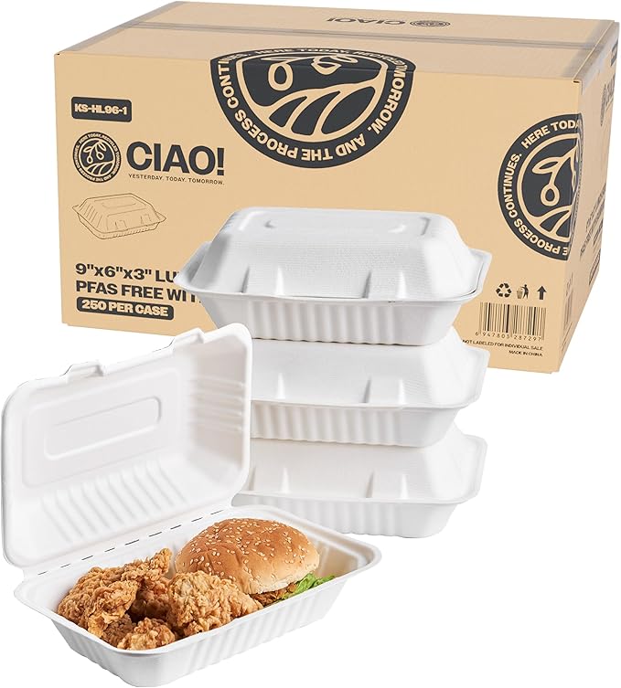 CIAO! 9"X6"X3" Clamshell 1 Compartment 100% Compostable Ecofriendly PFAS Free Unbleached Bagasse Natural White (250/case)