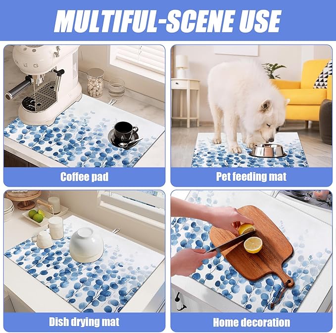 Blue Eucalyptus Leaves Dish Drying Mat for Kitchen Counter Drying Pad Absorbent Reversible Dish Drainer Rack Mats Draining Pad 18"x24"Inch