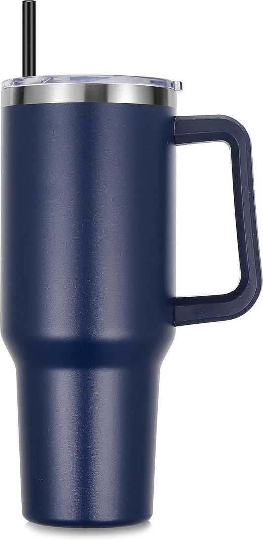 DOMICARE 40 oz Tumbler with Handle and Straw, Stainless Steel Tumbler with Lid and Straw, Reusable Vacuum Insulated Cup, Travel Coffee Mug, Navy Blue, 1Pack