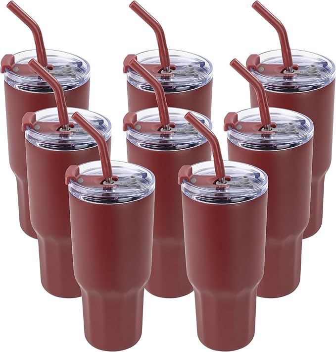 VEGOND 30 oz Insulated Stainless Steel Tumblers with lid and straw Bulk Pack Double Wall Vacuum Coffee Mug with Non-Slip Silicone Base, Sweat Proof Powder Coated Cup for Hot Cold Drinks, Red 8Pack