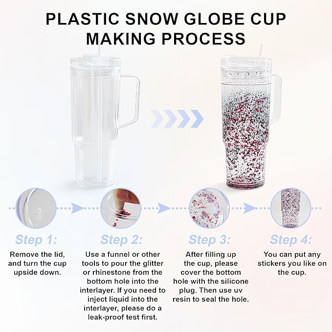 AGH 40 oz Snow Globe Tumbler with Handle,4 Pack Pre-Drilled Double Wall Vacuum Reusable plastic Water Bottle for DIY