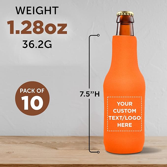 10 Neoprene Zippered Beer Bottle Coolies Pack - Customizable Text, Logo - Sharkskin Rubber Bottom - Neon Orange